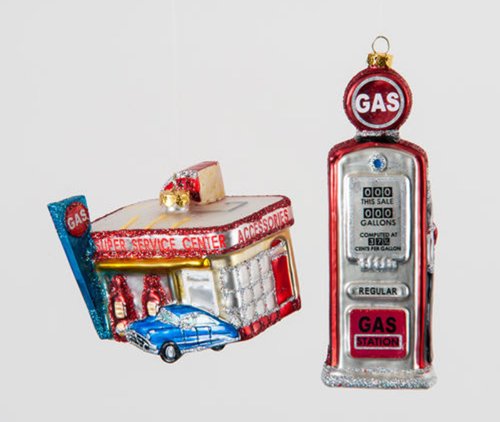 Retro Look Gas Pump Super Service Station Glass Christmas Ornaments Set of 2