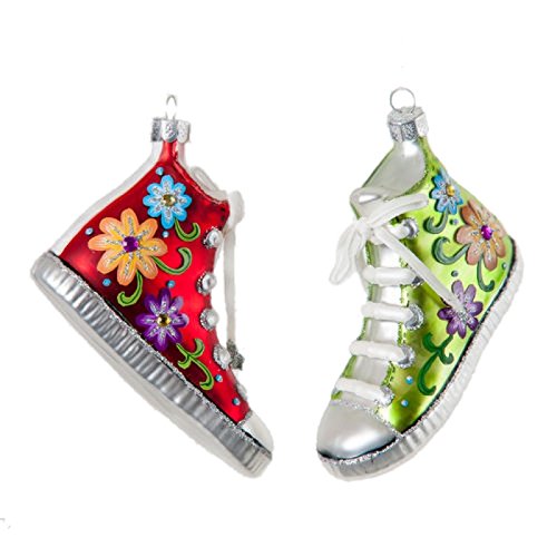 Pair 4″ Vintage Style High Top Sneaker Red Green Flower Glass Christmas Ornament