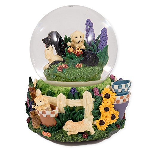 Labrador Puppies Playing in Flowers Glass Musical Snow Globe Plays Song That’s What Friends Are For