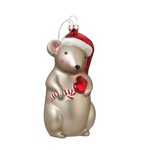 Midwest Santa Candycane Grey Glass Mouse Christmas Ornament
