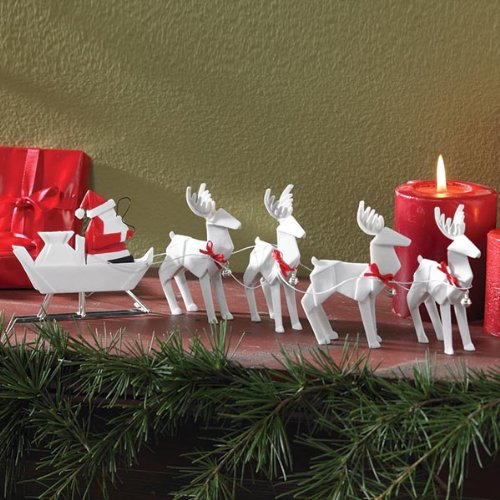 Origami Santa w/Sleigh and Reindeer, Set of 5, Porcelain