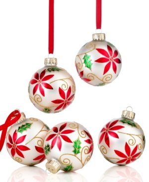 Holiday Lane Set of 5 White Poinsettia Ball Ornaments