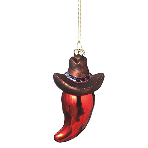 Red Chili Pepper Wearing Sombrero Glass Glitter Christmas Ornament