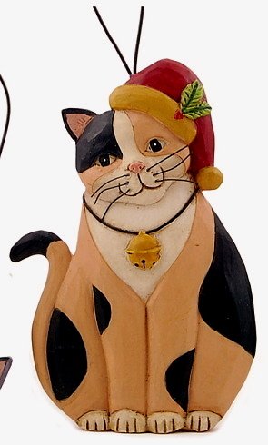 Blossom Bucket Christmas Calico Cat in Santa Hat w/ Holly & Bell Resin Ornament