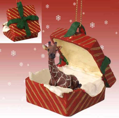 GIRAFFE in a RED GIFT BOX Christmas Ornament New Resin RGBA20