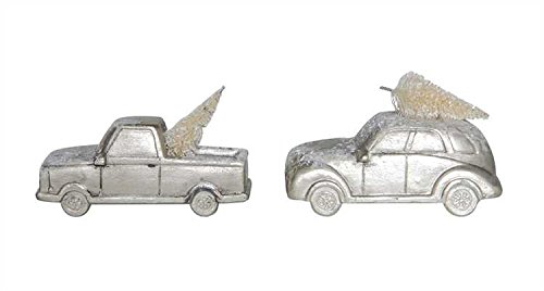 Silver Car and Truck with Christmas Tree Ornament Set