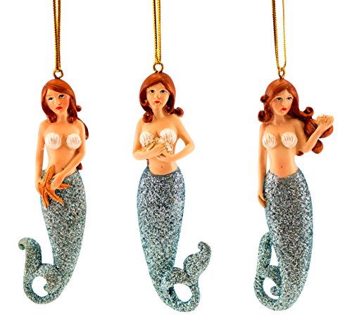 Blue Mermaids of the Sea Coastal Christmas Holiday Ornaments Resin Set of 3