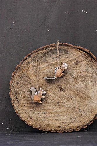 Hand Carved Wood Chipmunk Ornament Set of 2