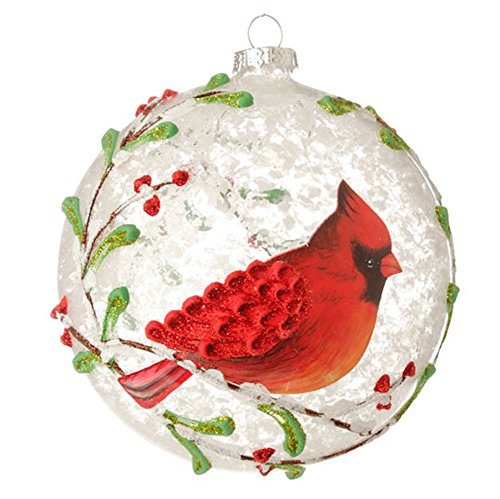 Red Cardinal & Berry Branches Glass Ball Christmas Tree Ornament, 5 Inches