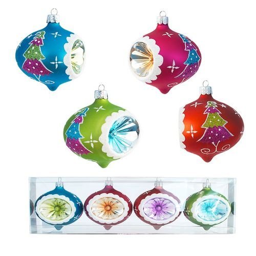 Glitterville Set of 4: Glitter & Sprinkles Christmas Tree Reflector Ornament, 3 Inches, Teardrop Shape, Pink, Blue, Red, Lime Green