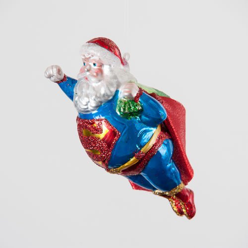 SUPER SANTA Superman Glass Christmas Ornament Glitter Accents