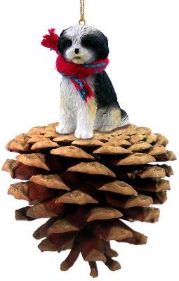 Black and White Puppy Cut Shih Tzu Real Pinecone Dog Christmas Ornament