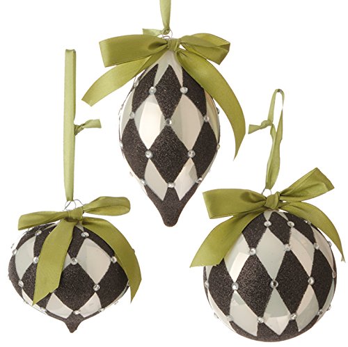 RAZ Imports – Natural Elegance – 4″ Harlequin Black and White Diamond with Gems Christmas Tree Ornaments with Green Hanging Ribbon – Set of 3 Ornaments
