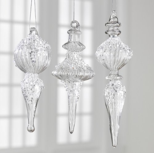 RAZ Imports – Enchanted Holiday – Whimsy – Set of 3 – 7″ Iced Clear Glass Finial Christmas Tree Ornaments