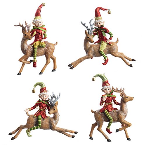 Glittery Christmas Elves on Santas Reindeer Christmas Tree Ornaments 5.5″ – Set of 4