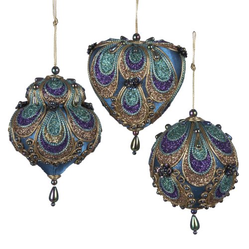 Kurt Adler 3-3.5″ Aqua Satin Fabric with Gold, Purple and Green Glitters Tornasol Beads with Rayon Cord Hanging Ornaments: Ball, Dome and Heart Set of 3