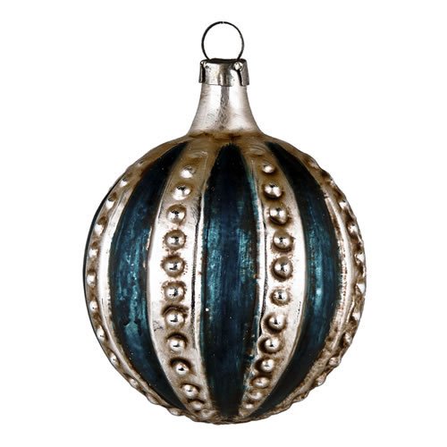Vintage mouthblown Christmas Glass ornament “Ball with Knobs” and blue stripes by MAROLIN® Germany