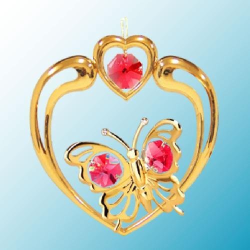 24k Gold Butterfly in Heart Ornament – Red Swarovski Crystal