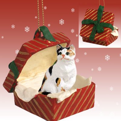 CAT CALICO sits in New RED GIFT BOX Christmas Ornament RGBC05
