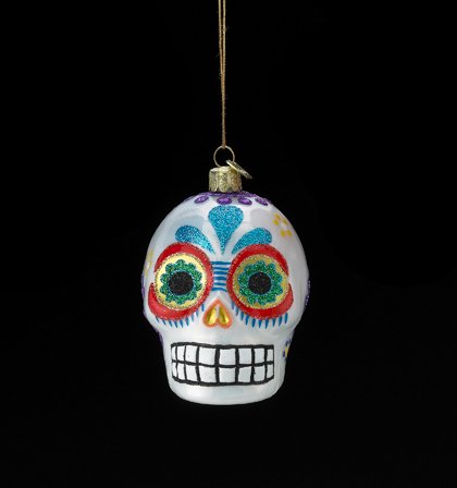 3.5″ Noble Gems Glass Day of the Dead White Glitter Embellished Skull Halloween Christmas Ornament