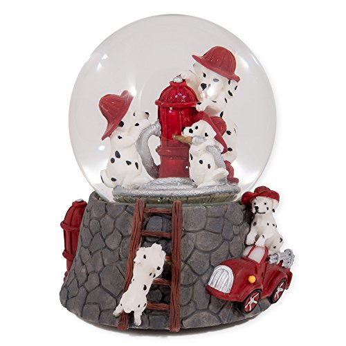 Dalmation Puppies with Red Fireman Hats Glass Musical Snow Globe Plays Song Smoke Gets In Your Eyes