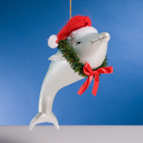 De Carlini Dolphin with Wreath Italian Glass Christmas Ornament