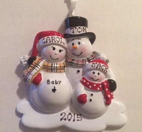 Family of 3 We’re Expecting Snowmen Personalized Christmas Ornament-Pregnant
