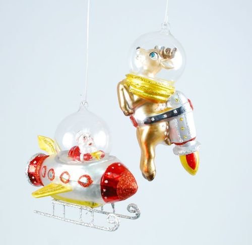 Christmas Space Rocket Reindeer & Santa in Spaceship Glass Ornaments, Set of 2