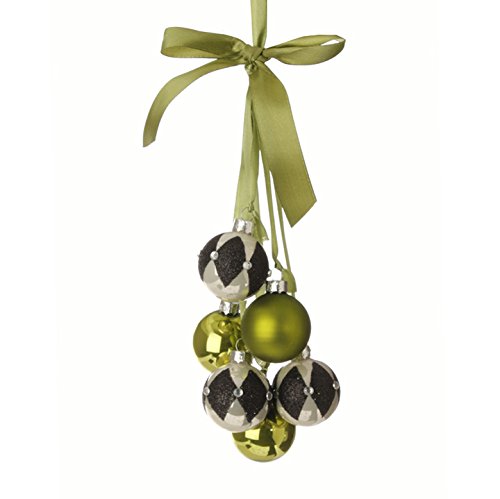 RAZ Imports – Natural Elegance – 12″ Harlequin and Green Ball Cluster Christmas Tree Ornament on Green Satin Ribbon