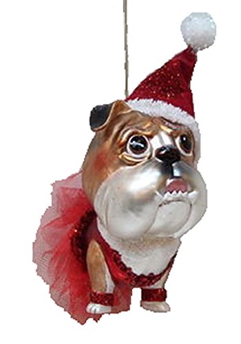December Diamonds Blown Glass Ornament – Bulldog in Red Skirt and Santa Hat
