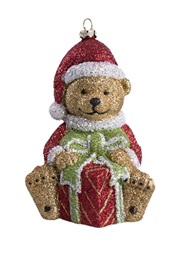Christmas Golden Santa Bear with Gift Sparkled Hanging Tree Ornament