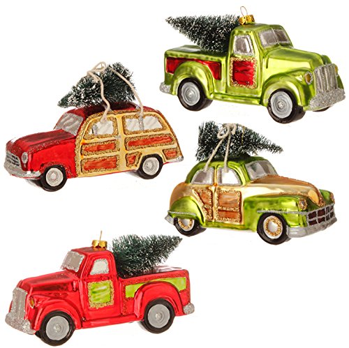 RAZ Imports – Jingle All the Way – 5.5″ Automobile with Christmas Tree Ornaments – Set of 4