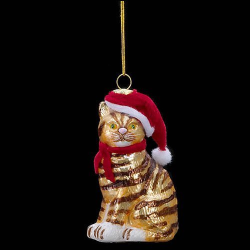 Noble Gems Glass Brown Cat with Santa Hat Ornament