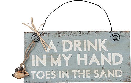 A Drink in my Hand Toes in the Sand – Aqua marine Wood Sign with Sea Ornaments and Wire Hanger 8-in x 4-in