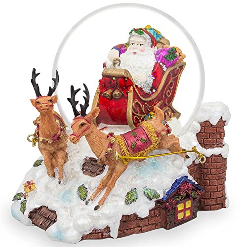 5.5″ Santa Sleigh and Reindeers Deliver Christmas Gifts Musical Snow Globe