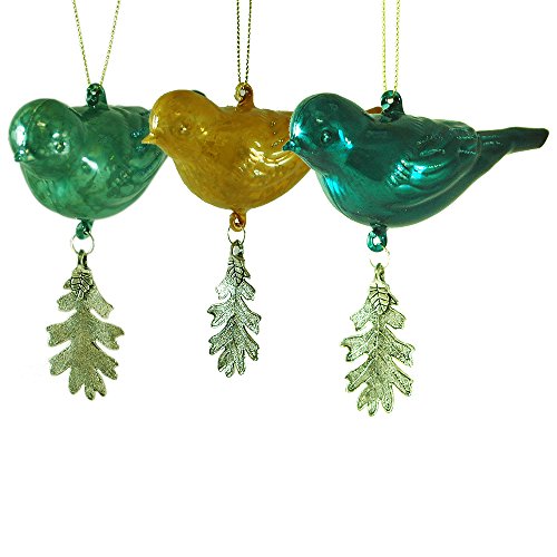 Mercury Glass Bird with Hanging Pewter Leaf Christmas Tree Ornament Set of 3