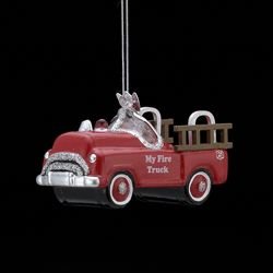3.75″ Noble Gems Red Glittered Glass “My Fire Truck” Christmas Ornament
