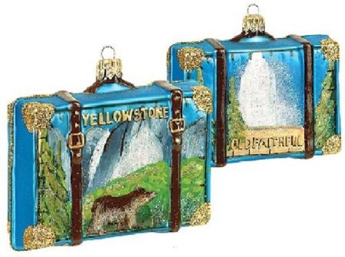 Yellowstone Travel Suitcase Polish Glass Christmas Ornament