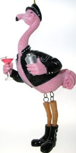 December Diamonds 5 inch Pink Flamingo Ornament-Leather “Man” with Pink Martini,& Dangling Legs