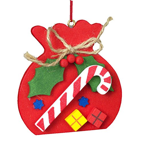 10-0419 – Christian Ulbricht Ornament – Candy Cane on Red Toy Sack – 2.25″”H x 2.25″”W x .5″”D