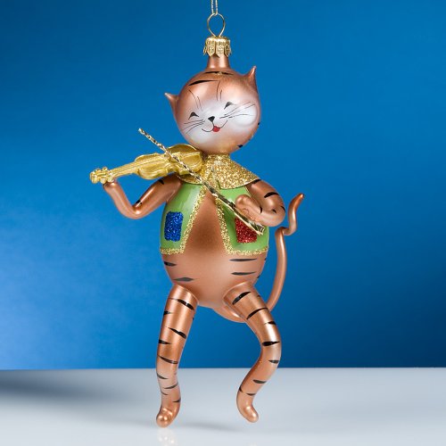 De Carlini Fiddler Cat Italian Mouthblown Glass Christmas Ornament