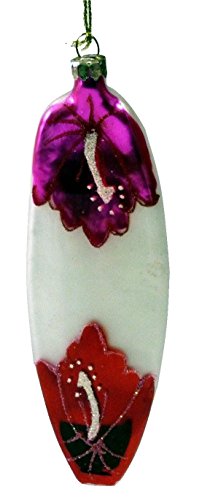 Blown Glass Surfboard Christmas Ornament, White with Pink and Red Accent