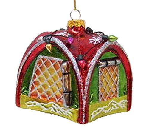 December Diamonds Blown Glass Ornament – Red and Green Camping Tent with Holiday Lights