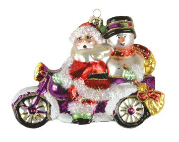 Margaret Cobane Glass Ornament – Santa & Frosty Motorcycle