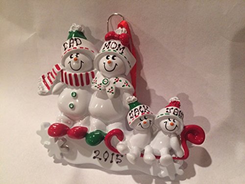 Family of 4 Snowman on Sled Personalized Christmas Ornament