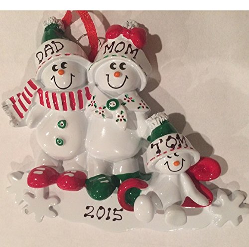 Family of 3 Snowman on Sled Personalized Christmas Ornament