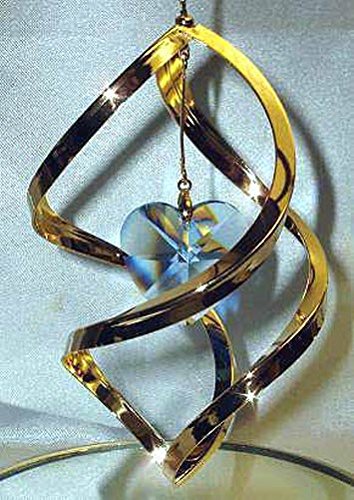 Blue Swarovski Crystal Heart in 24K Gold Spiral Pendant Ornament or Suncatcher Valentine or Christmas