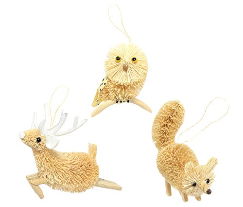 Martha Stewart Bristle Brush Arctic Owl, Fox, and Reindeer Buri Animal Ornaments (Set of 3)