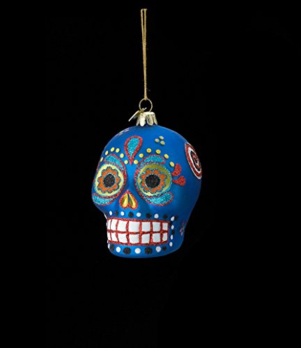 3.5″ Noble Gems Glass Day of the Dead Blue Glitter Embellished Skull Halloween Christmas Ornament