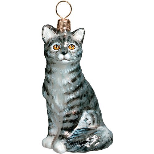 American Shorthair Gray Sitting Cat Blown Glass Polish Christmas Ornament